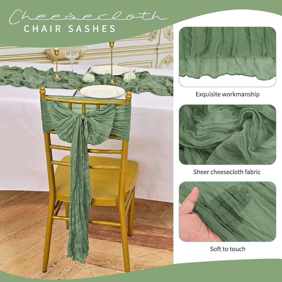 50 PCS Cheesecloth Chair Sashes, Bows Designed ChairSashes, 15.7x108 inch Chair Sashes for Aisle