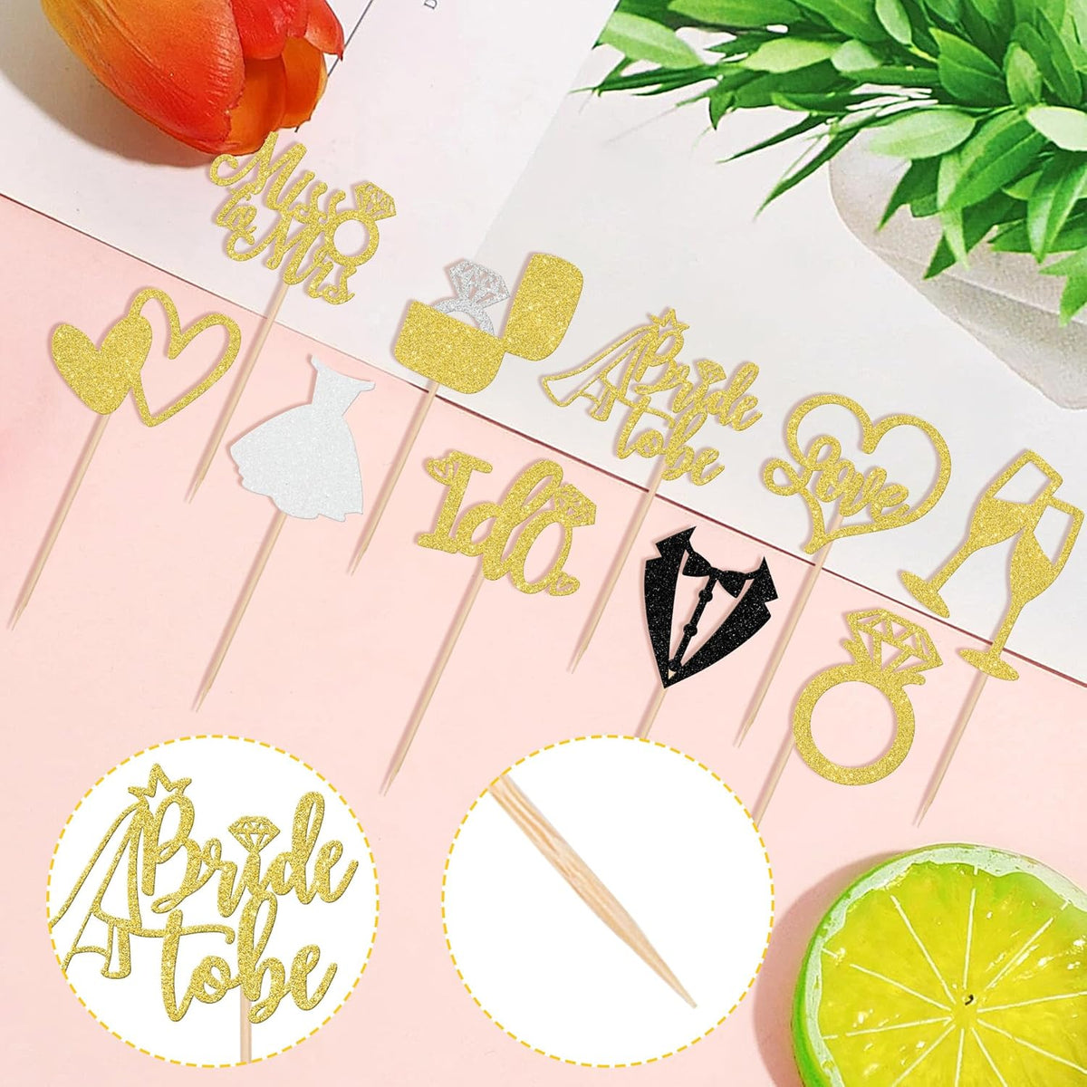 30 PCS Bride to Be Cupcake Toppers Glitter Wedding Cupcake Toppers I Do Love Heart Ring Miss to Mrs
