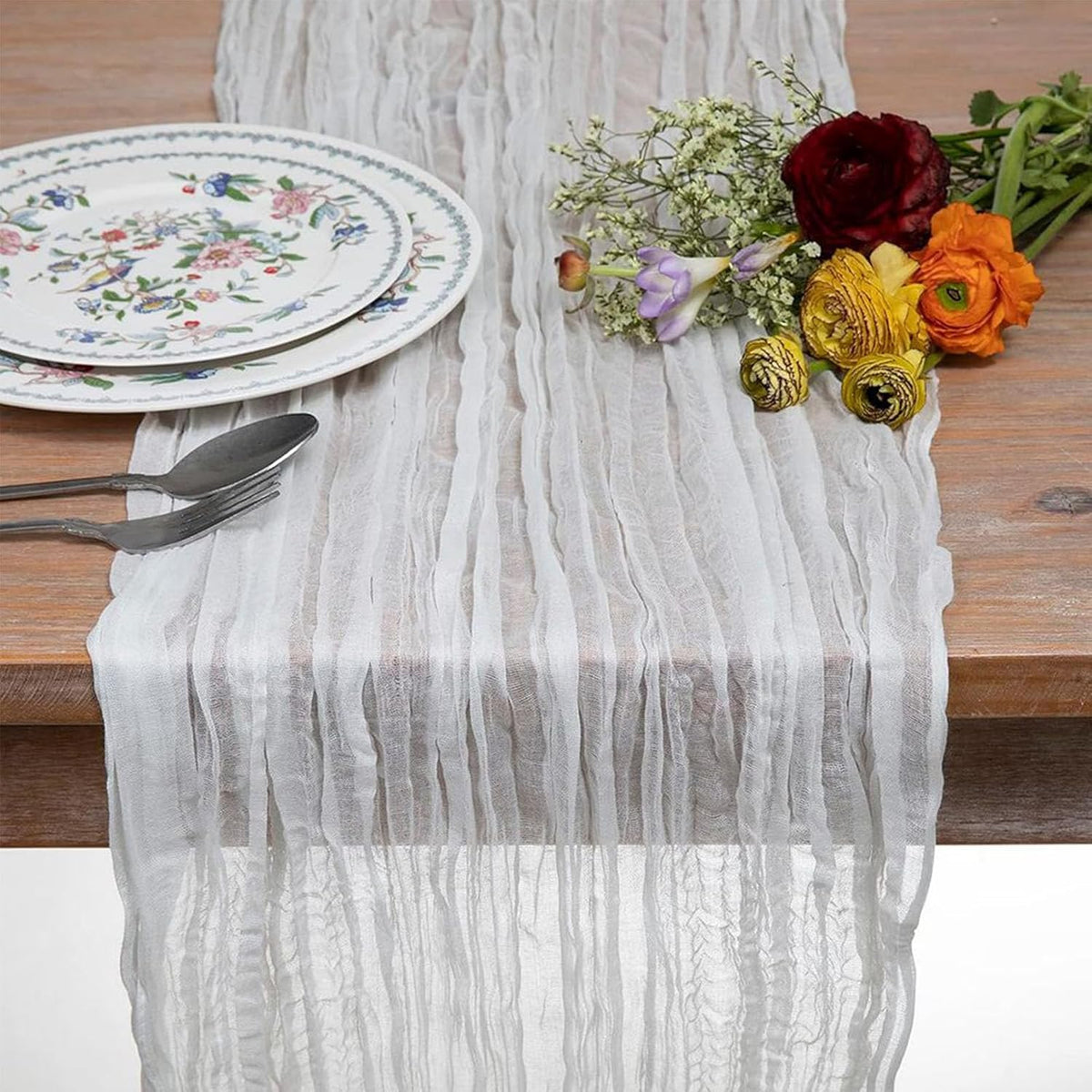 8 Pack 10Ft Cheesecloth Table Runner 35x120 inch White Boho Gauze Long Table Cloth Wrinkled Sheer