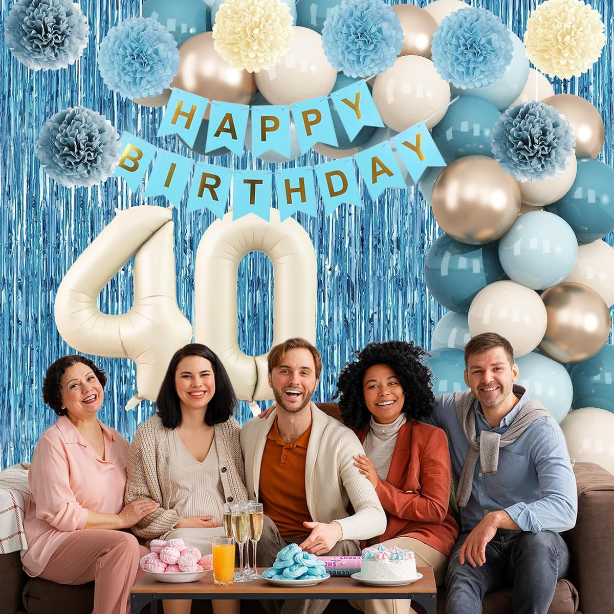Dusty Blue 40th Birthday Party Decorations for Women Men Beige Cream Number 40 Balloon with Blue