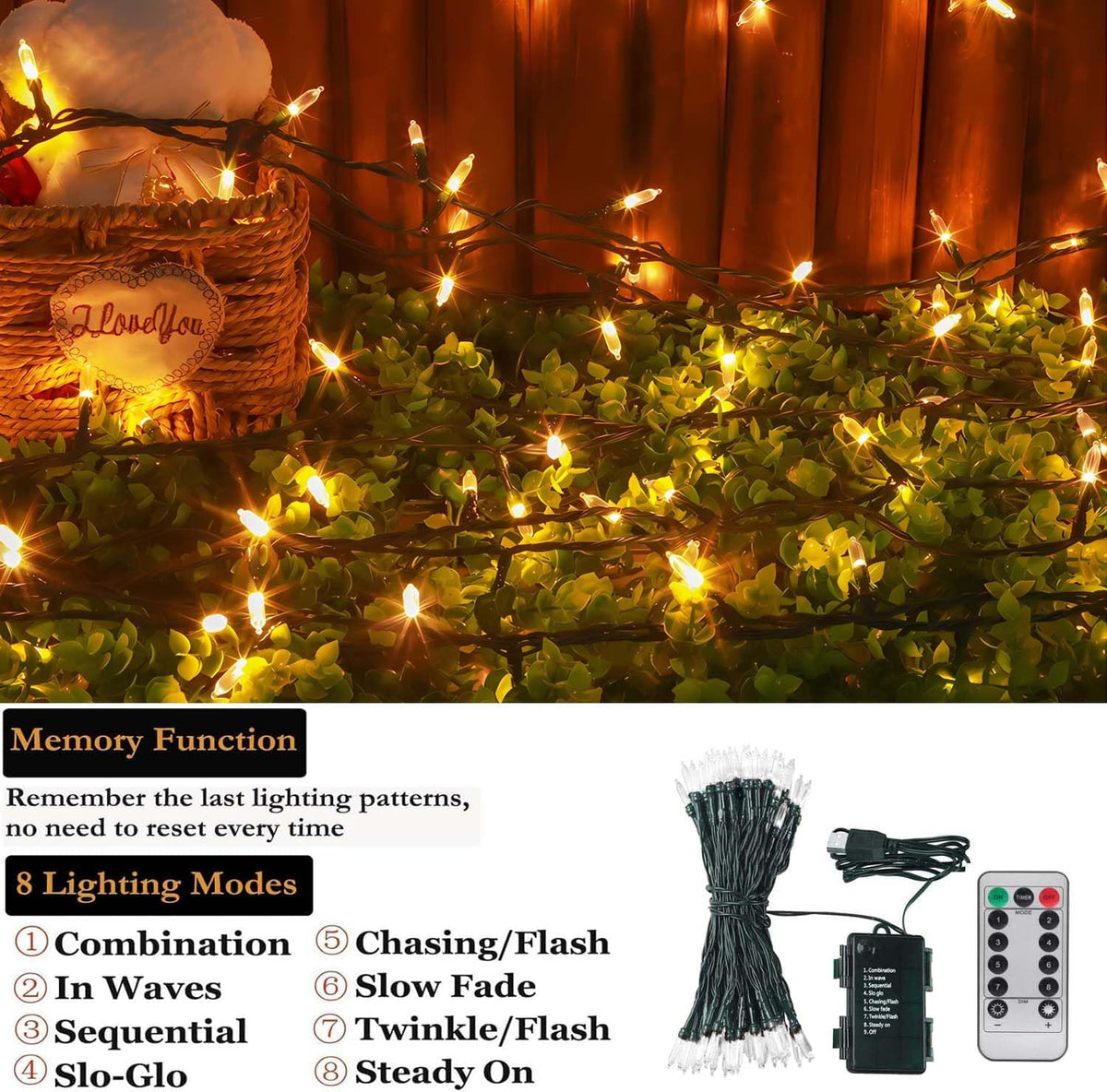 Tcamp 33ft 100LED Battery Operated Christmas Lights Outdoor Indoor, Battery Christmas Tree Lights