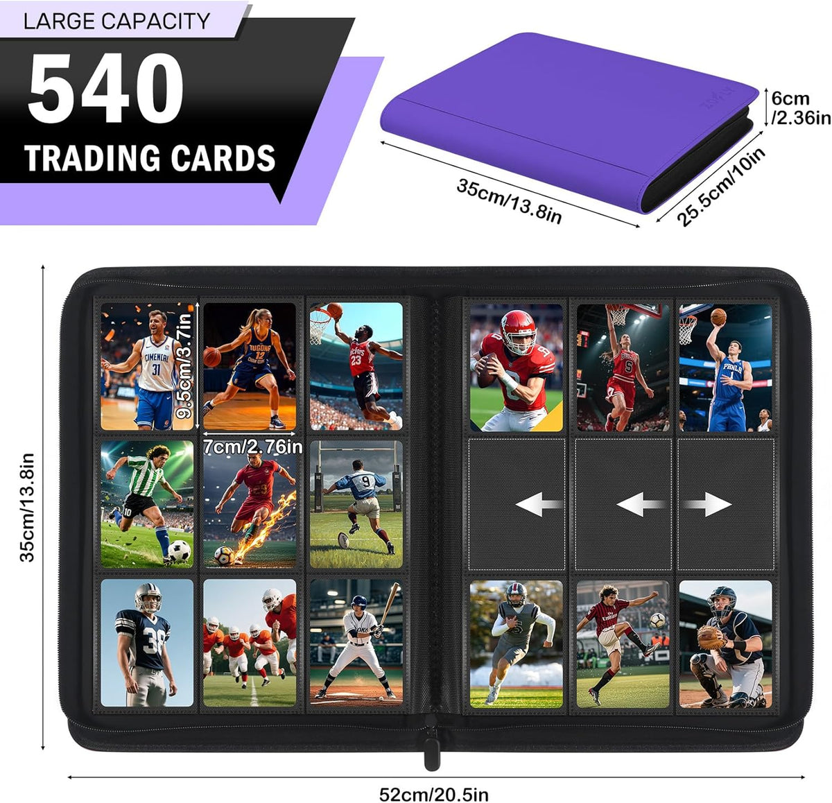 Trading Card Binder 9 Pocket, Zofly Zipper Card Collection Binder Album, Sturdy 540 Side-Loading