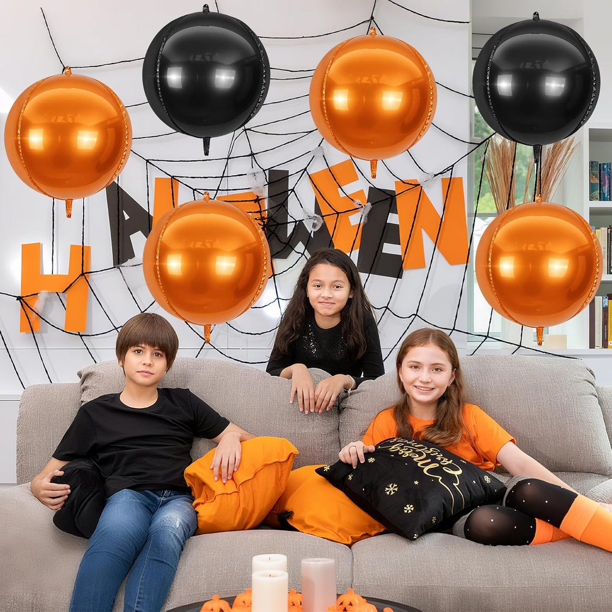 6Pcs Black Orange Round Foil Balloons,Giant 4D Round Ball Balloon,22 Inch Metallic Orange Black
