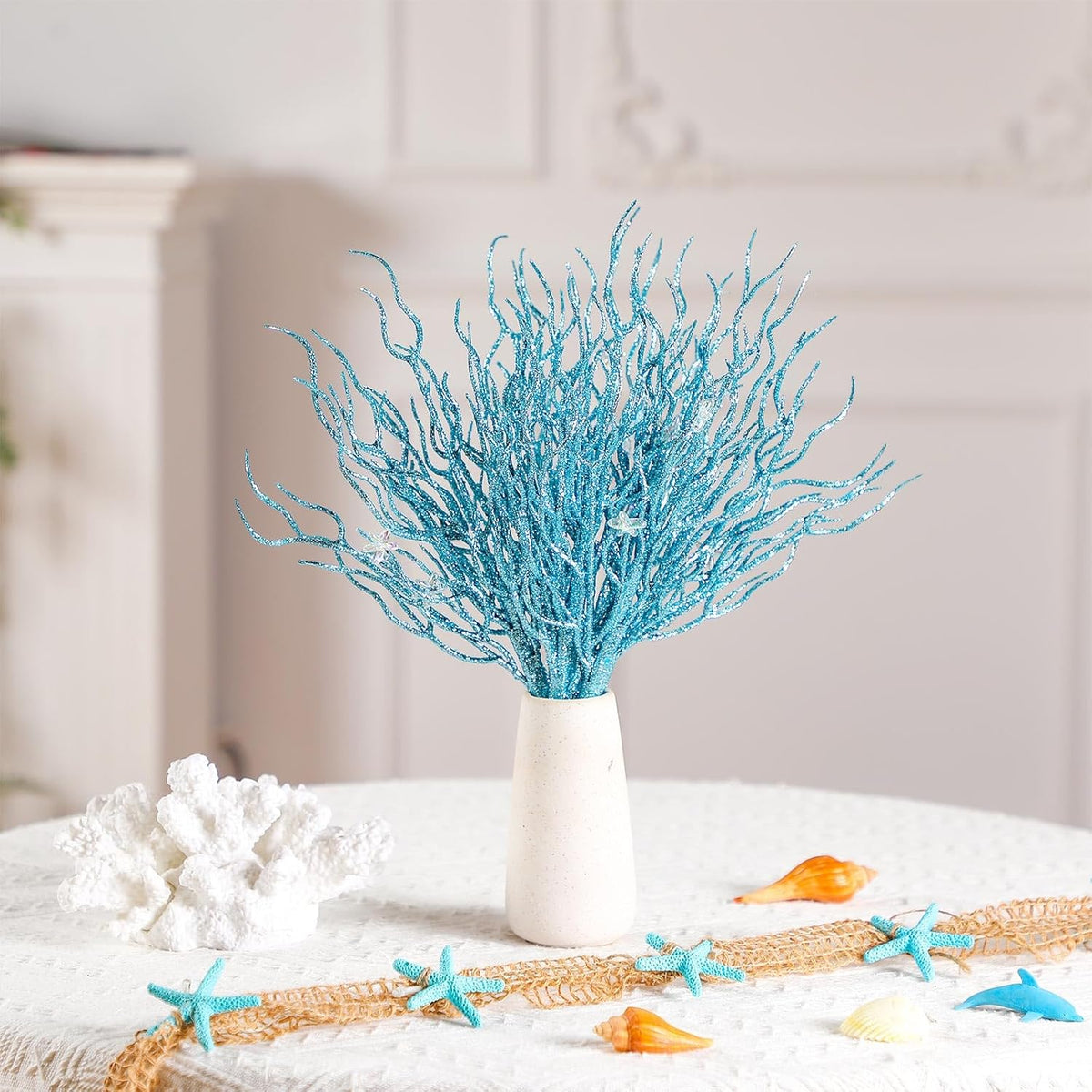 8 Pcs Blue Coastal Ornaments for Christmas Tree Artificial 15.7inch Glitter Coastal Ocean Branch