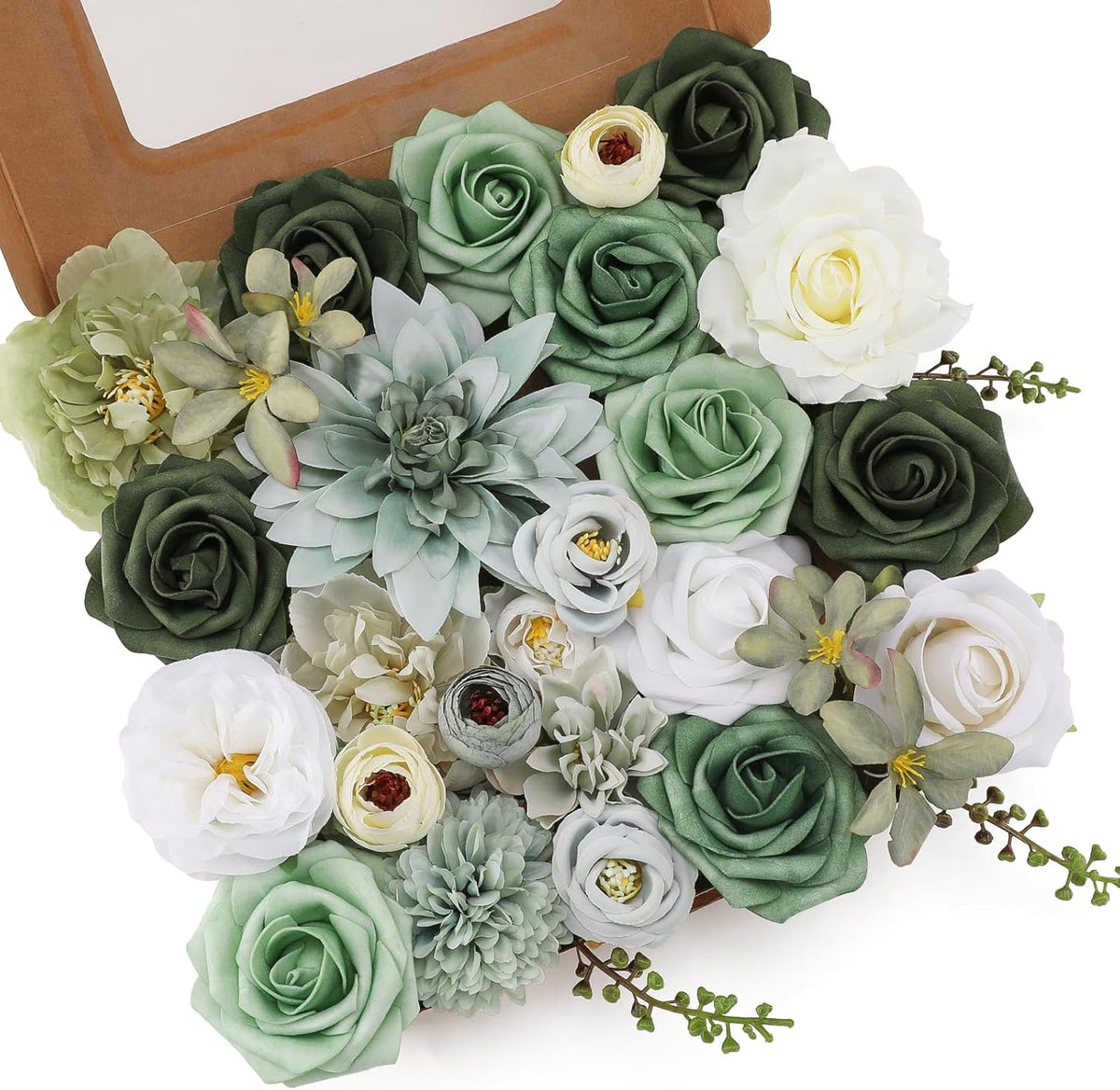 Floweroyal Artificial Flowers Combo Green Flowers Mix Silk Flowers Dahlia Roses with Stems for DIY