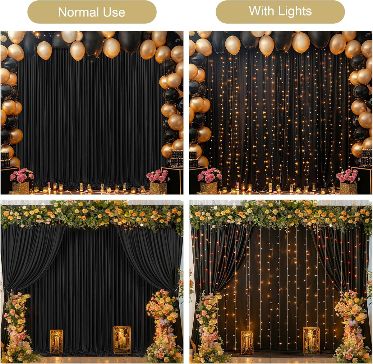 Black Backdrop Curtain with Lights String for Parties,10x10FT Wrinkle Free Black Drapes Wedding