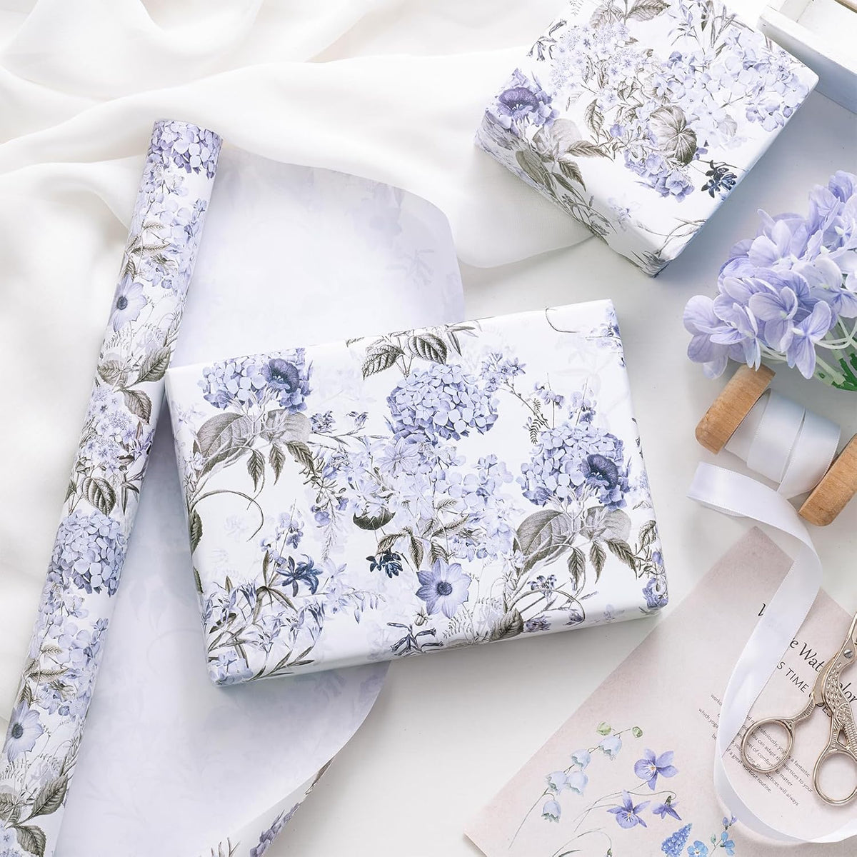 RUSPEPA Floral Wrapping Paper Roll for Women Girls, Mini Roll, Elegant Hydrangea Flower Design Gift