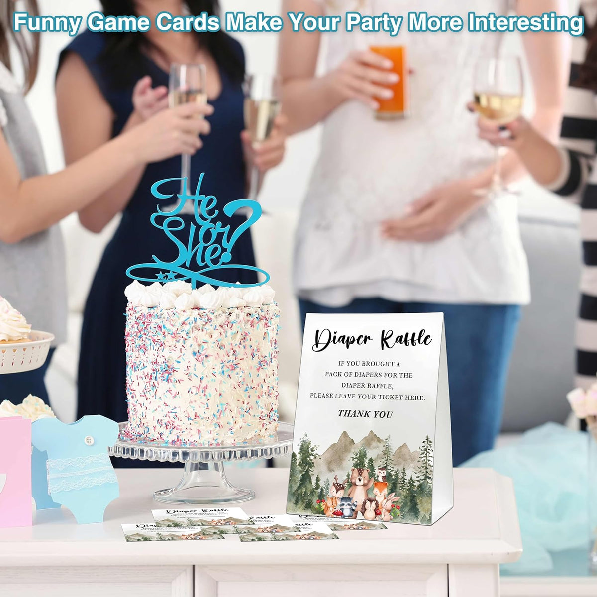 Woodland Baby Shower Game, Jungle Animal Safari 50 Diaper Raffle Tickets with 1 Standing Sign for