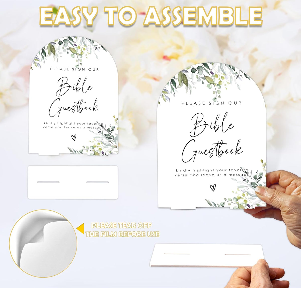 Greenery Bible Guest Book Sign, 6 x 8 Inch White Arch Acrylic Wedding Sign with Holder, Wedding