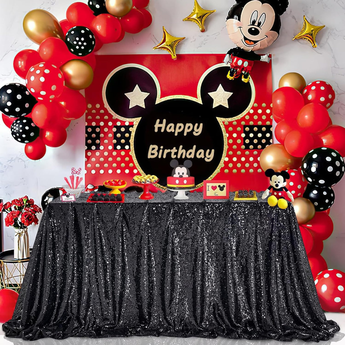 QueenDream Black Party Decorations Sequin Tablecloth: Glitter Overlay 90x90 Inch Table Drapes for