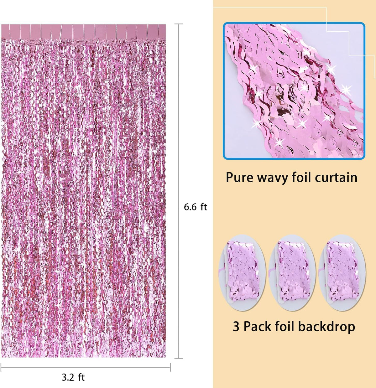 Pink Foil Fringe Curtain - Wavy Fringe Backdrop 3.3 x 6.6 Feet, Pack of 3 | Pink Streamers Party