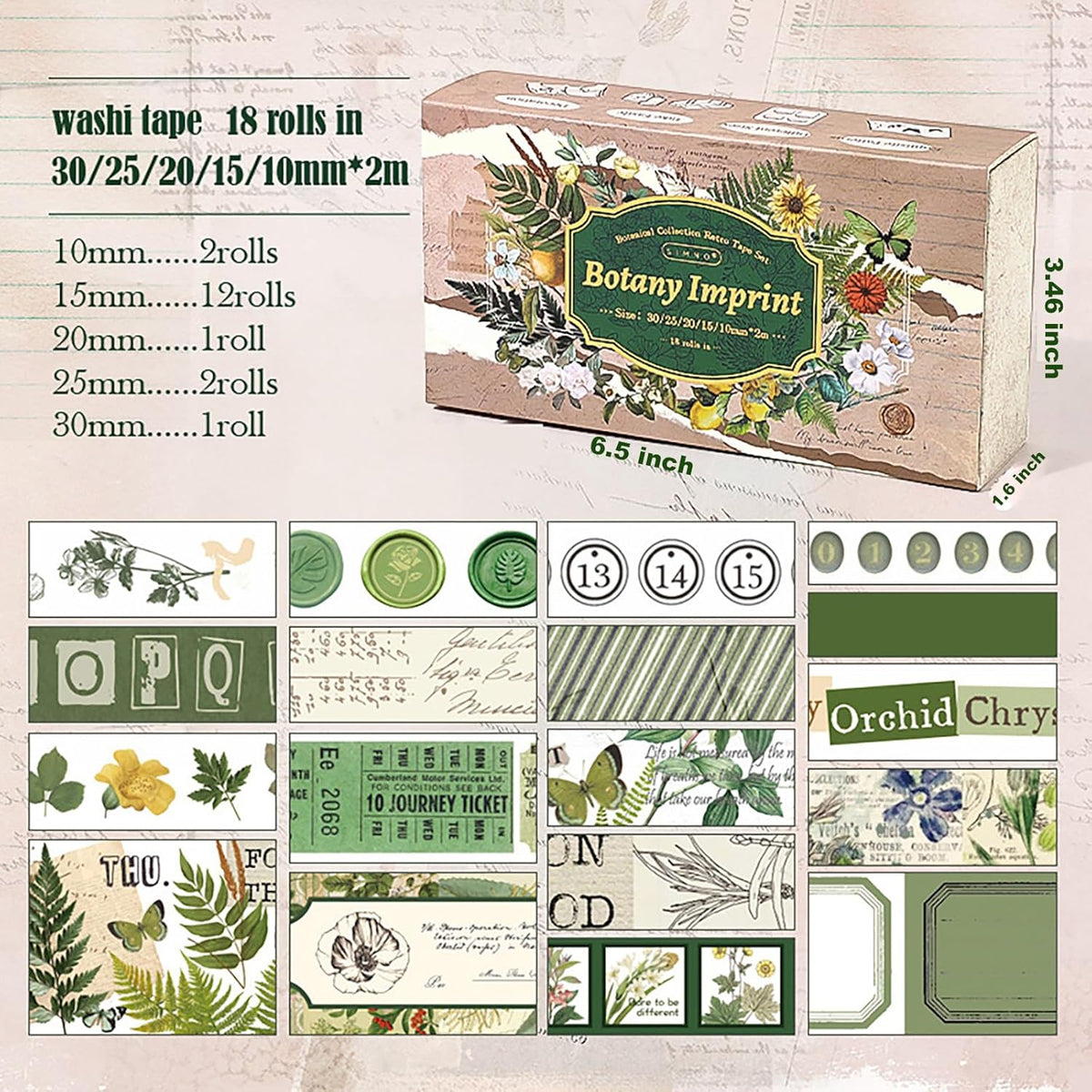 18 Rolls Botanical washi Tape Set for Crafts and Journaling DIY Scrapbooking Supplies Flower washi