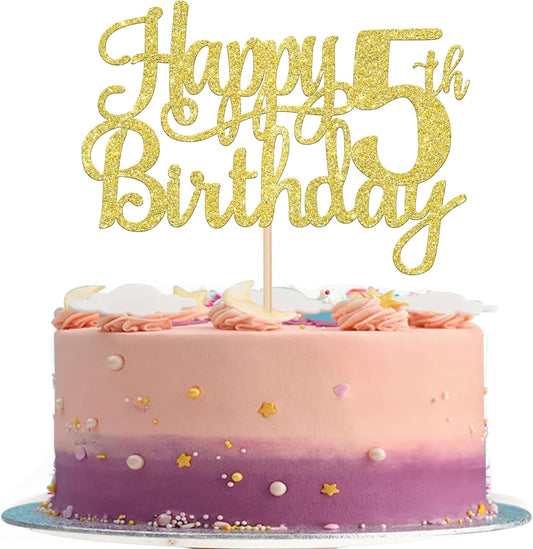 1 PCS Happy 5th Birthday Cake Topper - Gold Glitter Cheers to 5 Years - Fabulous Cake Decoration