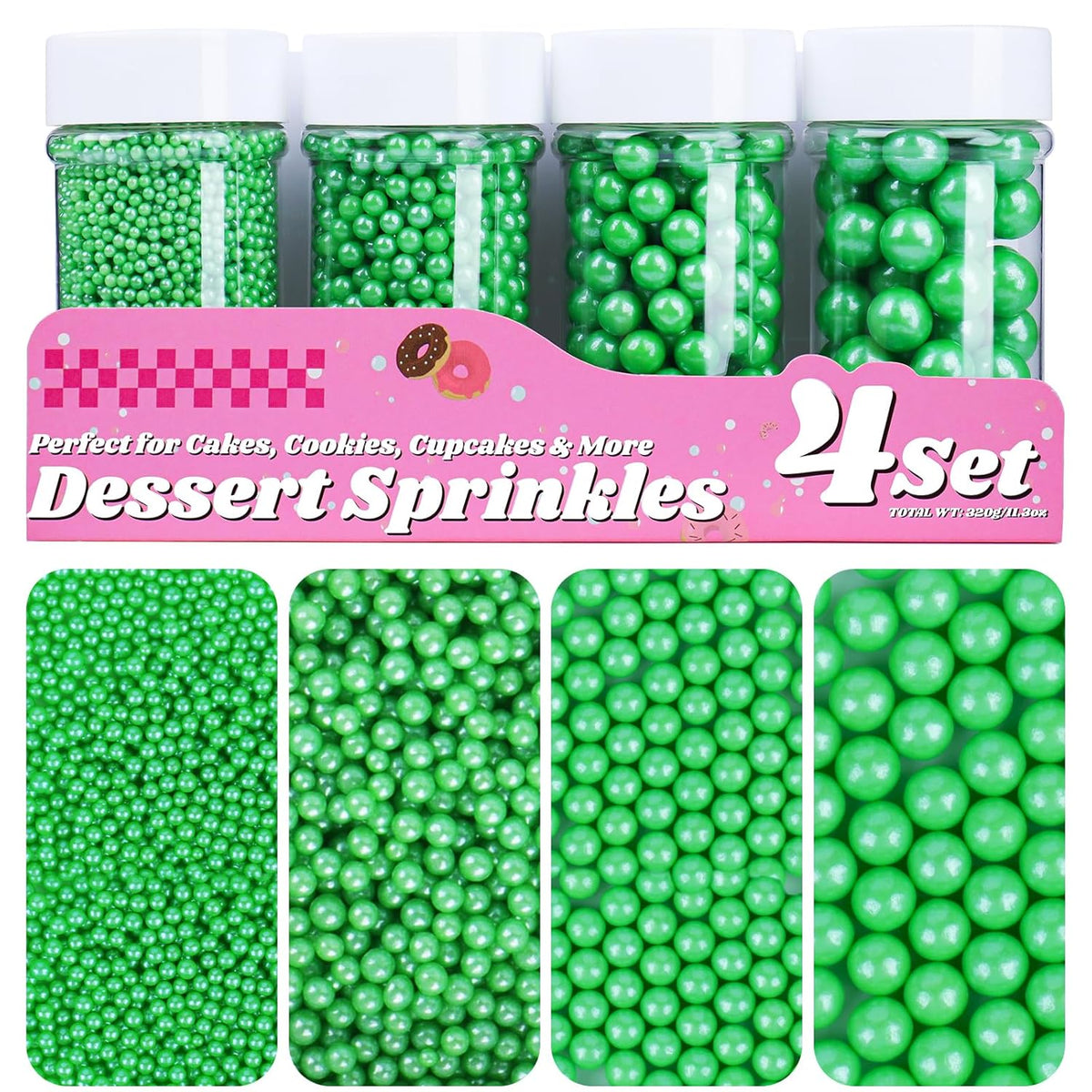 Green Pearl Sprinkles for Cake Decorating, 11.3 Oz Edible Pearls Sugar 4 Sizes Gift Box Set for