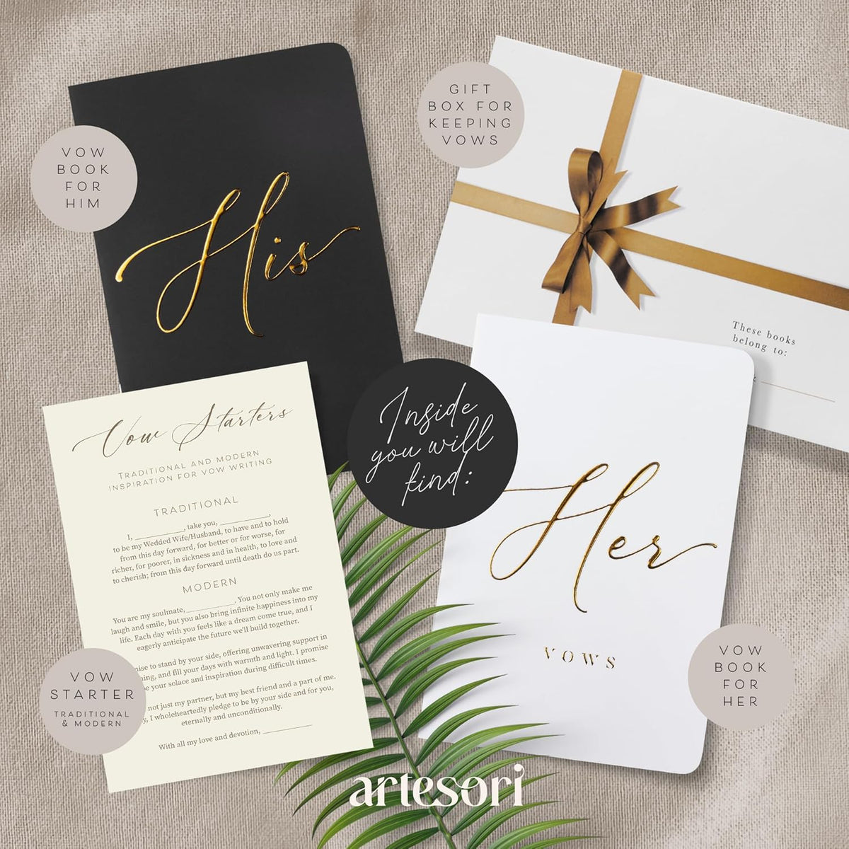 ARTESORI Premium Wedding Vow Book for Her & Him, Soft Touch, Gold Foil, 28 Lined Pages, Wedding Vow