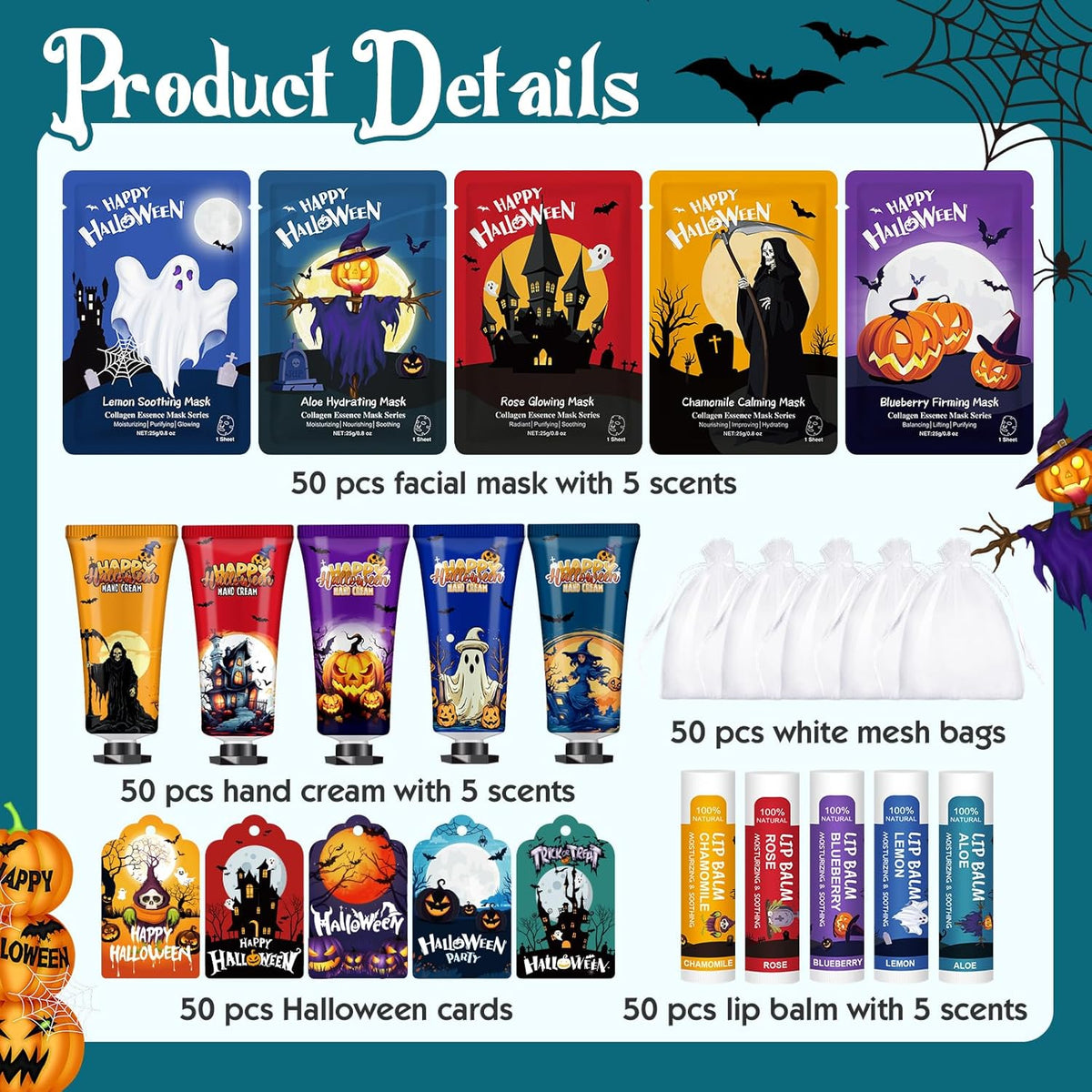 VESPRO 50 Pack Halloween Hand Cream, Facial Mask and Lip Balm Set, Bulk Halloween Gifts for Women