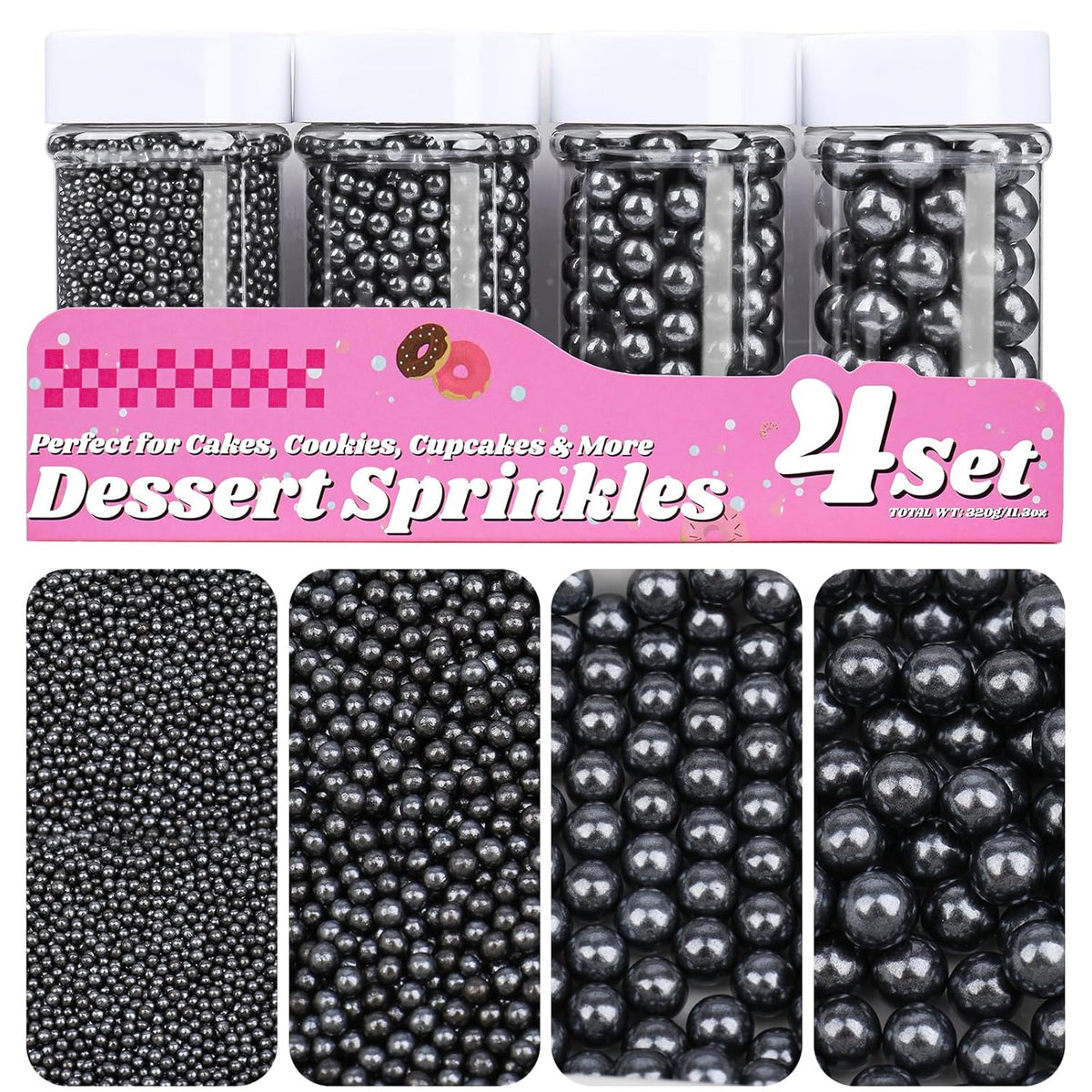 Black Pearl Sprinkles for Cake Decorating, 11.3 Oz Edible Pearls Sugar 4 Sizes Gift Box Set for