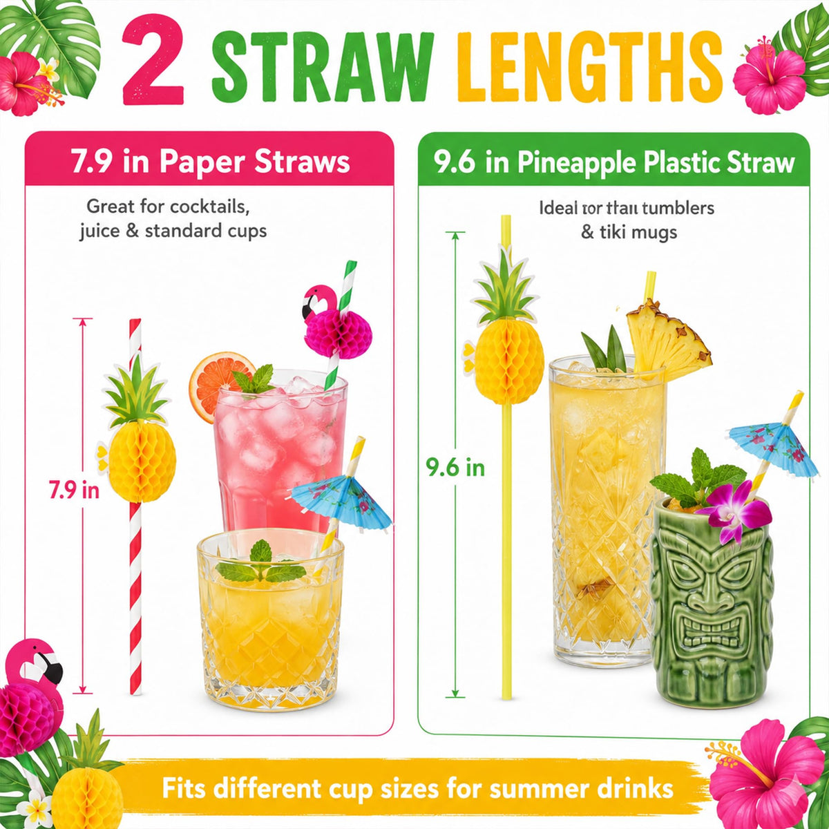Haundry 100PCS Luau Party Cocktail Straws, 3D Honeycomb Flamingo Fruit Umbrella Paper Straws with