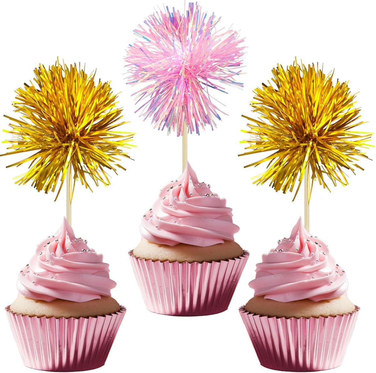 Gyufise 30Pcs Foil Firework Cupcake Toppers Sparkle Tinsel Cake Toppers Tinsel Drink Cake