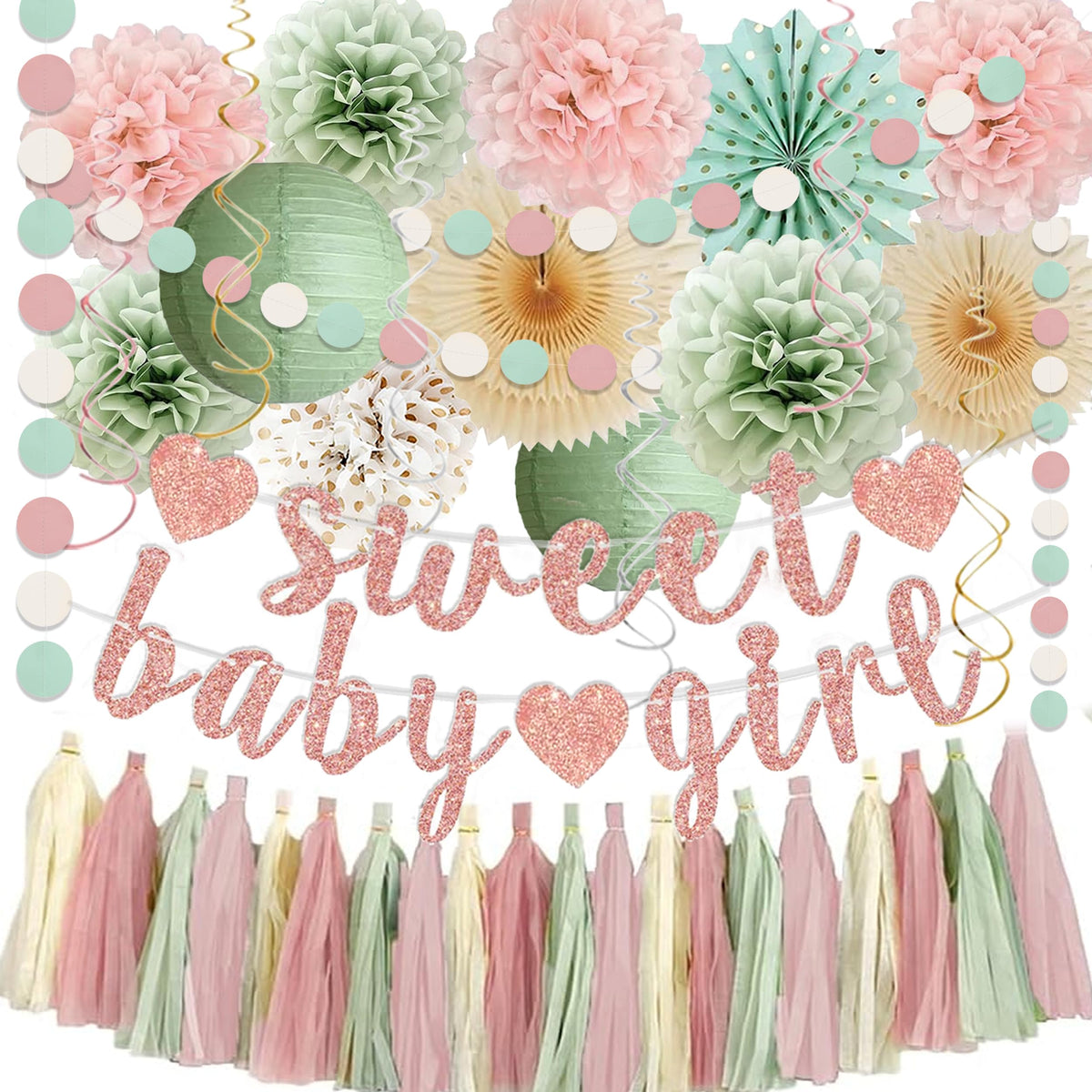 Sage Green and Blush Pink Baby Shower Decorations - Sweet Baby Girl Banner, Olive Green Lanterns
