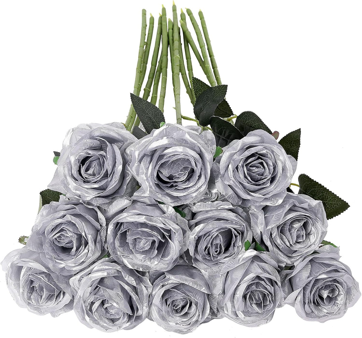Tifuly Silver Roses Artificial Flowers -12Pcs Realistic Single Long Stem Fake Silk Roses Bouquet