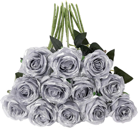 Tifuly Silver Roses Artificial Flowers -12Pcs Realistic Single Long Stem Fake Silk Roses Bouquet