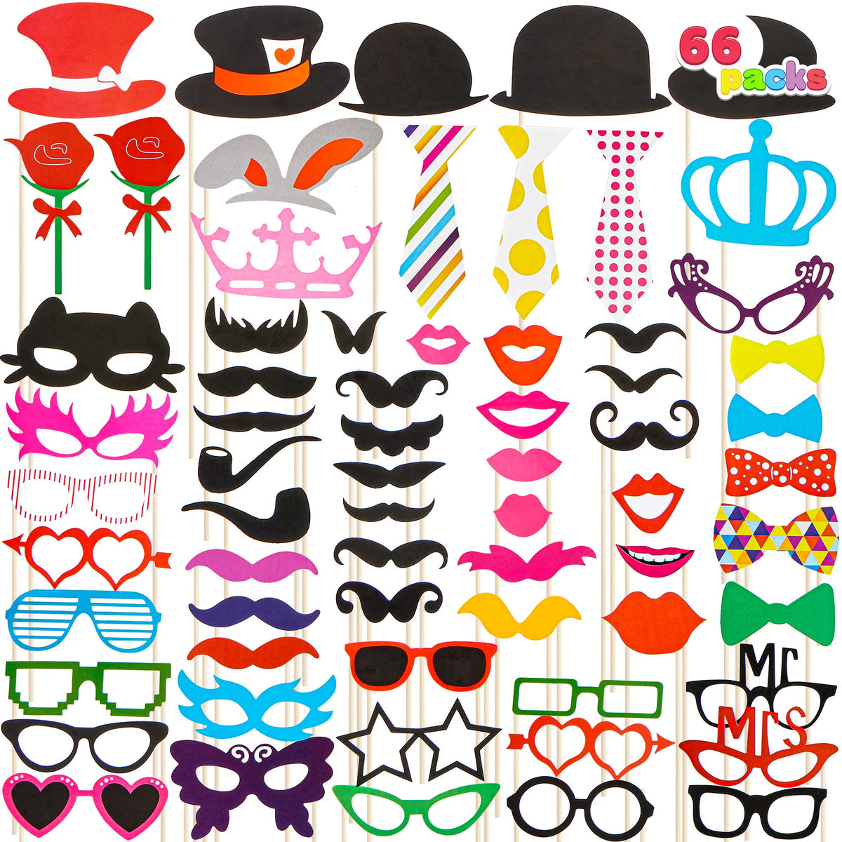 Joyin Toy Photo Booth Props 66 Pieces，Multicolor Kit for Graduation Wedding Party Supplies