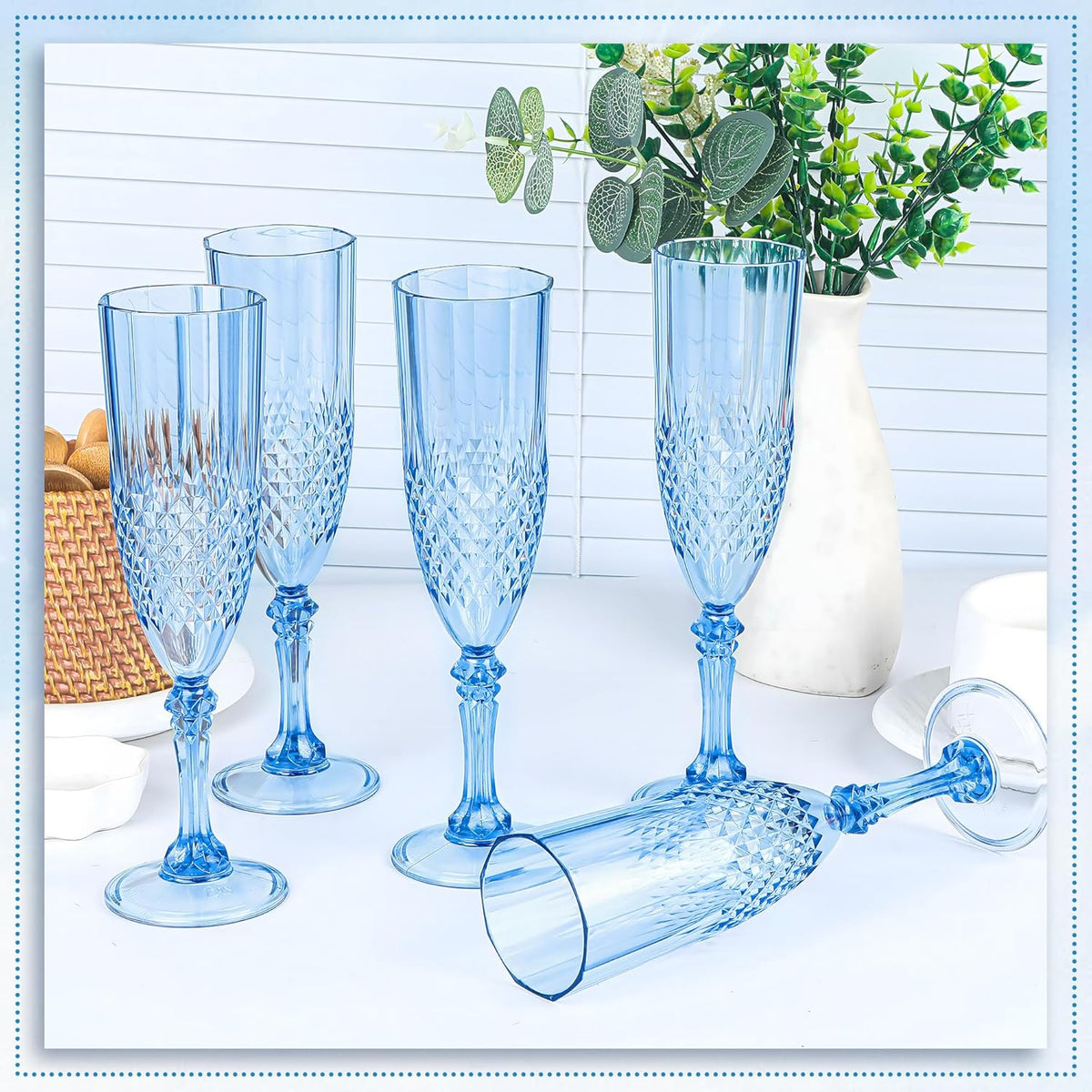 Plastic Champagne Flutes, 24PCS Blue Wine Glasses Goblets Cups Reusable Flute, for Weddings
