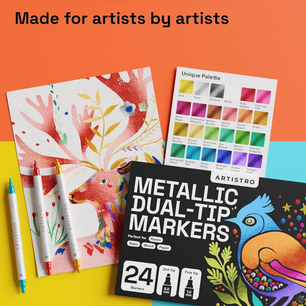 ARTISTRO 24 Metallic Dual-Tip Acrylic Paint Markers for Rock, Canvas, Glass, Wood, & More Fine +