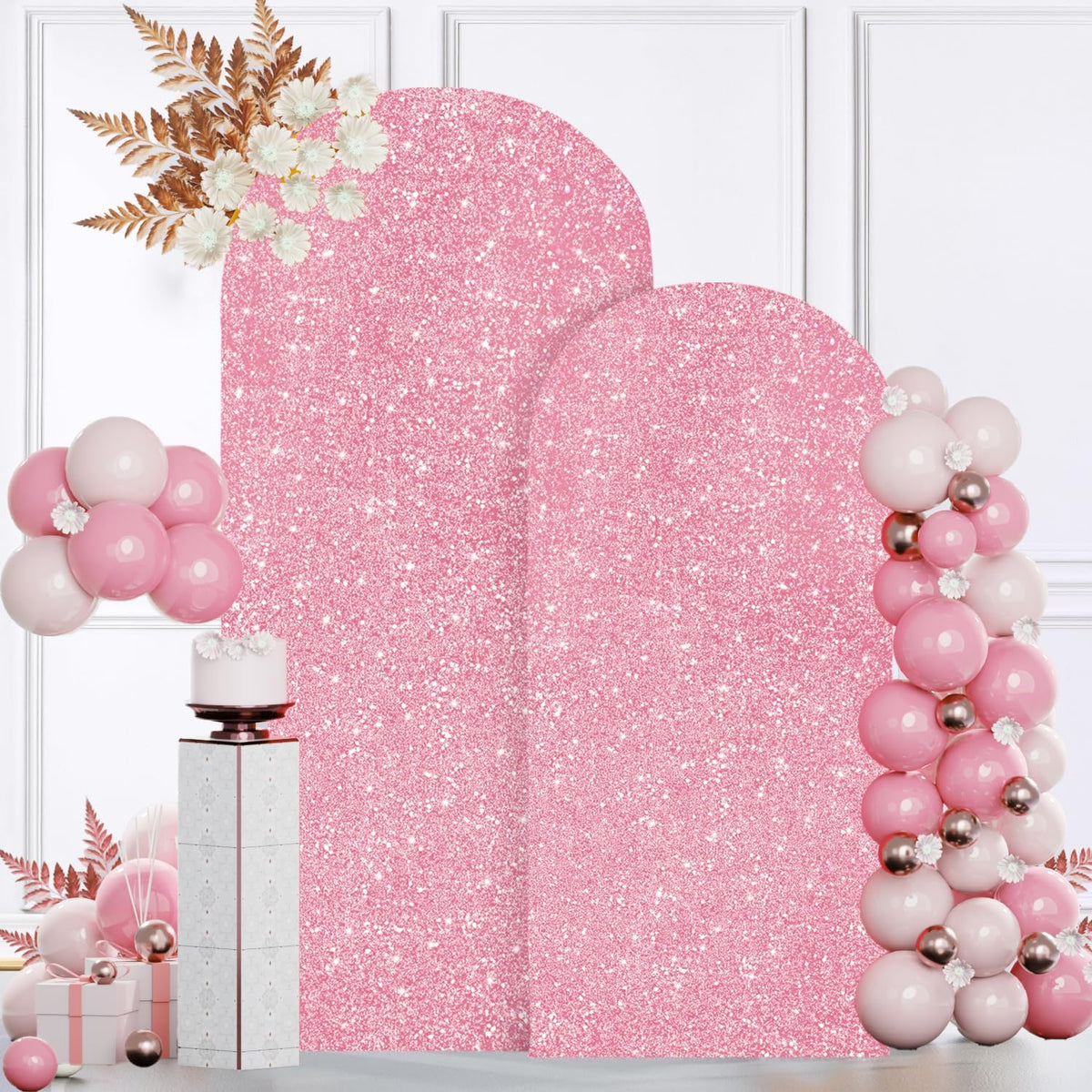 MODFUNS Arch Backdrop Stand and Cover 6&7.2ft Pink Gold Sequins Arch Cover Set of 2 Metal Arch