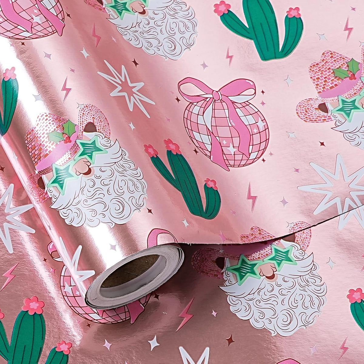 LeZakaa Pink Christmas Wrapping Paper Roll for Girls Women, Santa Disco Ball Cactus Design, Rose