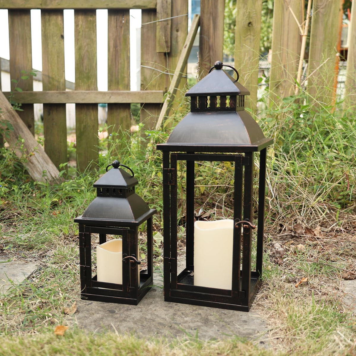 NEEDOMO LED Lanterns Decorative Outdoor&Indoor, Set of 2 Large Bronze Metal Lantern Decor with LED