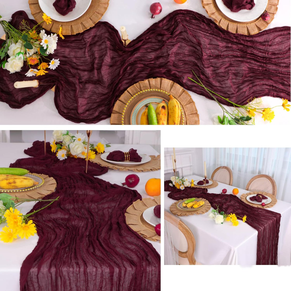 Snowkingdom 10 Ft Burgundy Red Fall Thanksgiving Cheesecloth Table Runner, Cheese Cloth Boho Rustic