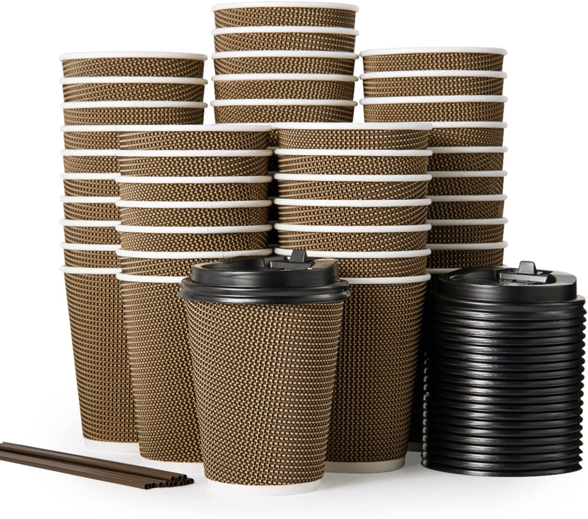 LITOPAK 80 Pack 12 oz Paper Coffee Cups, Insulated Ripple Wall Hot Coffee Cups with Lid and Straws