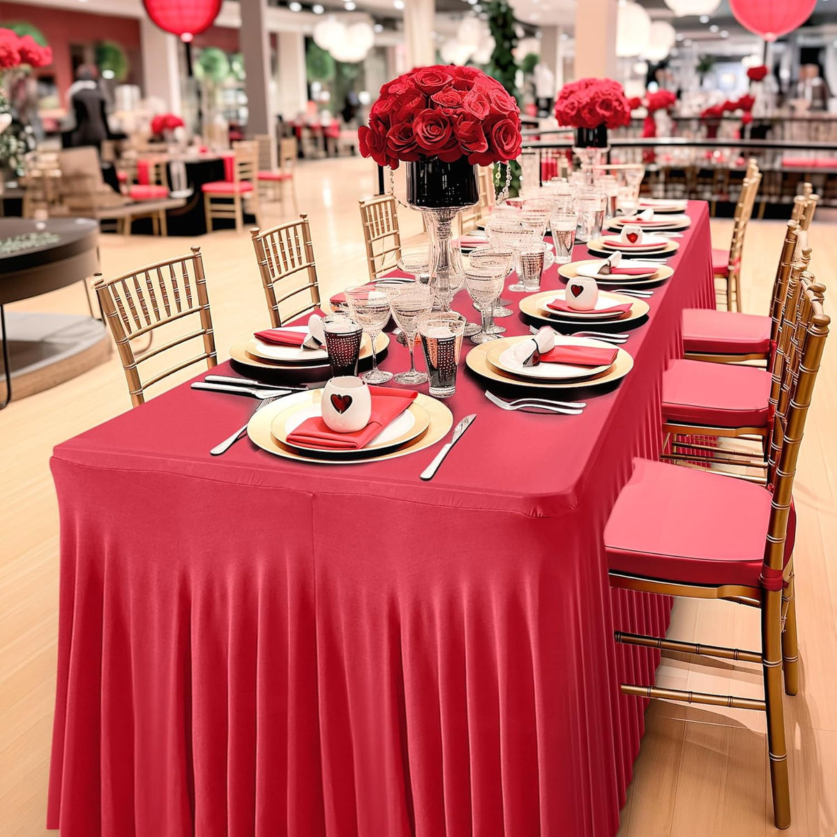 2 Pack Red Spandex Table Clothes for 8 Foot Rectangle Tables, 8FT Wrinkle Free Fitted Tablecloths