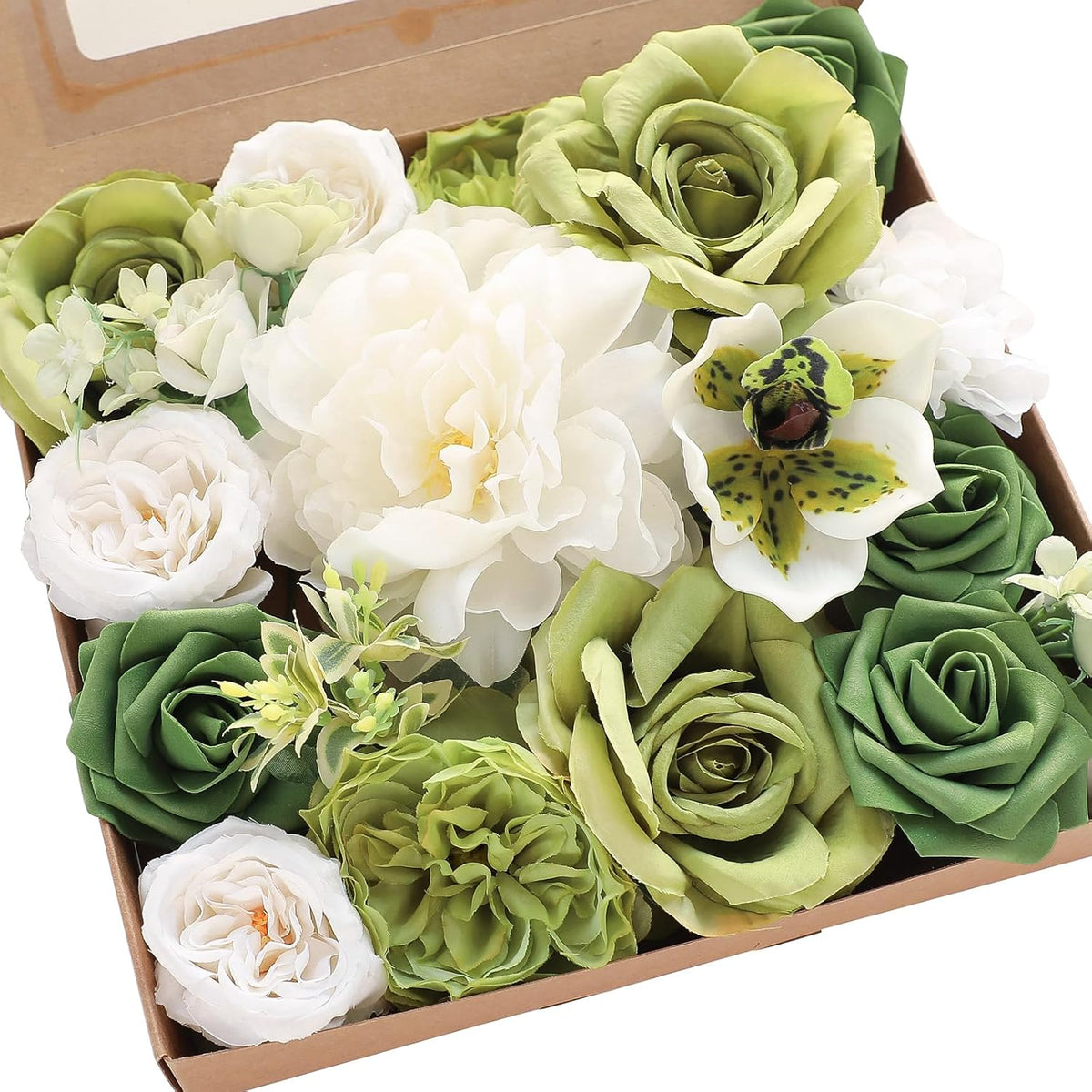 Floroom Olive Green White Artificial Flowers Fake Roses Peonies and Greenery Combo Box Set for DIY