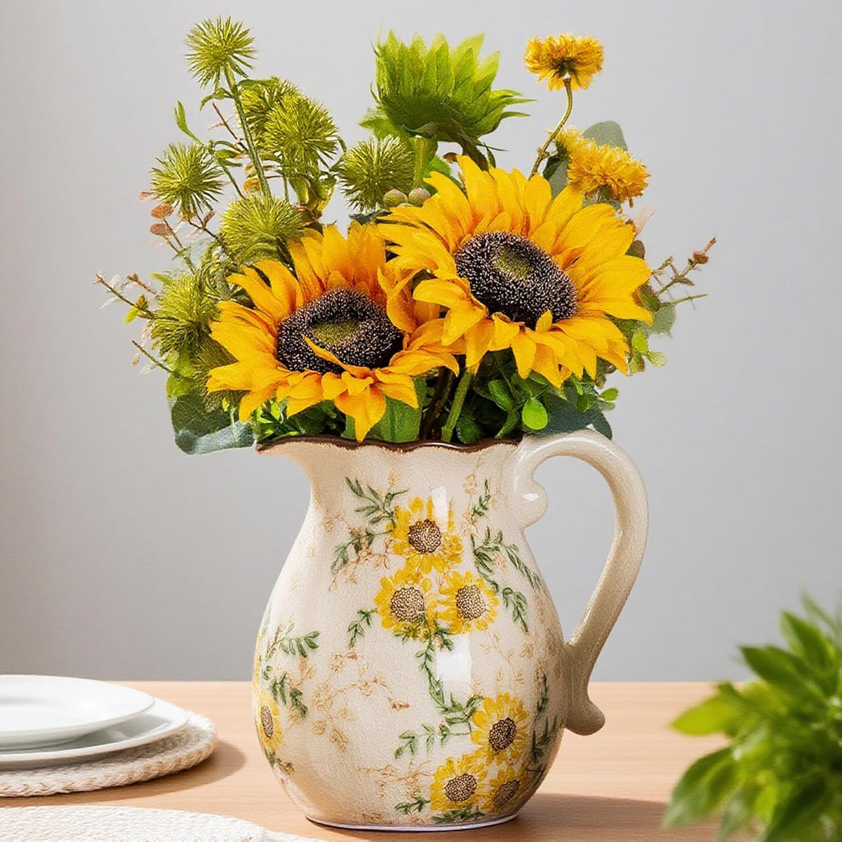 Sunflower Vintage Ceramic Yellow Floral Vase with Handle, Chinoiserie Floral Pitcher Vase, Rustic