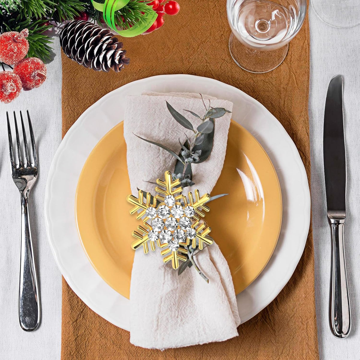 Halatool Christmas Napkin Rings Set of 6, Gold Snowflake with White Rhinestone Napkin Holder for