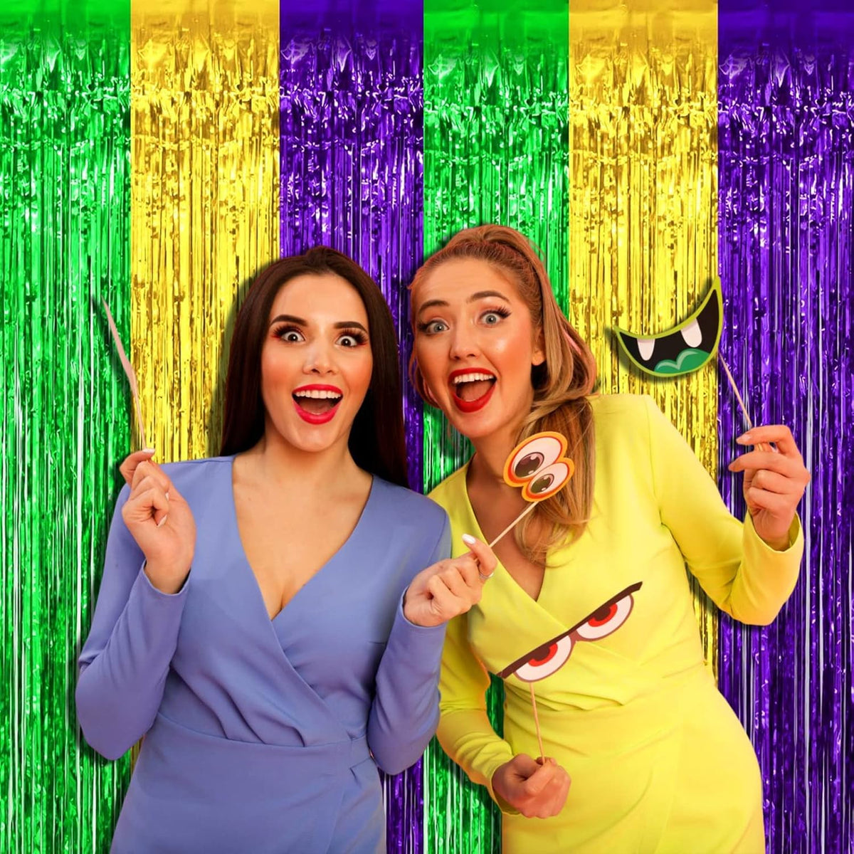 4 Pack Mardi Gras Foil Fringe Curtain Backdrop, 3.28Ft x 8.2Ft Gold Green Purple Metallic Tinsel