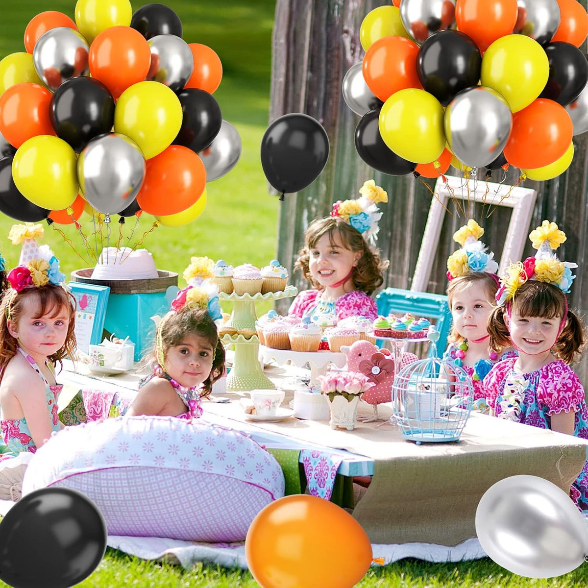 Paready Black Orange Yellow Balloons, 60 Pcs 12 Inch Orange Black Yellow and Metallic Silver