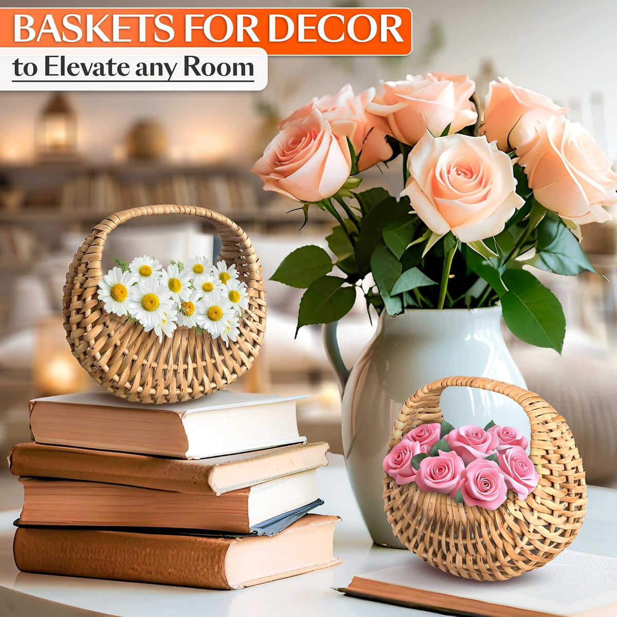 Small Flower Girl Basket Set of 2 – Small Wicker Basket with Handle & Waterproof Lining (6.3" х