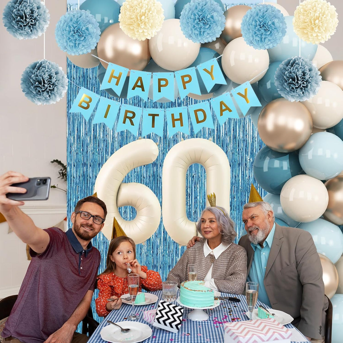 Dusty Blue 60th Birthday Party Decorations for Women Men Beige Cream Number 60 Balloon with Blue