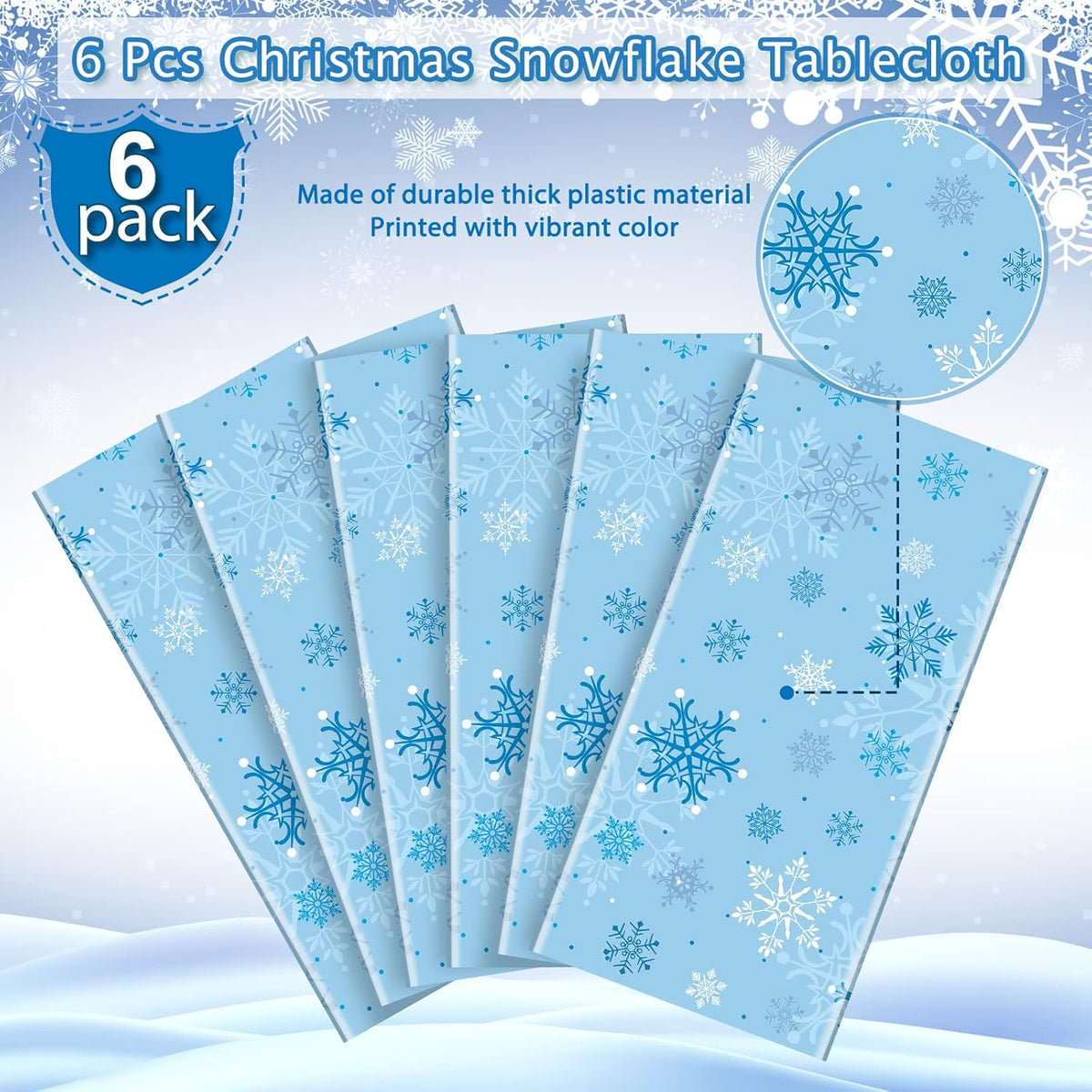 6 Pieces Christmas Snowflake Party Tablecloth Decorations,Plastic Ice Blue and White Winter