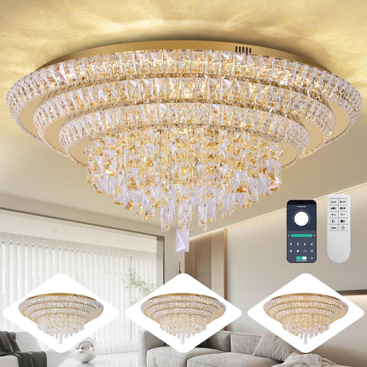 30 inch Crystal Gold Ceiling-Light Flush Mount with Remote Control and APP, 3CCT Dimmable &