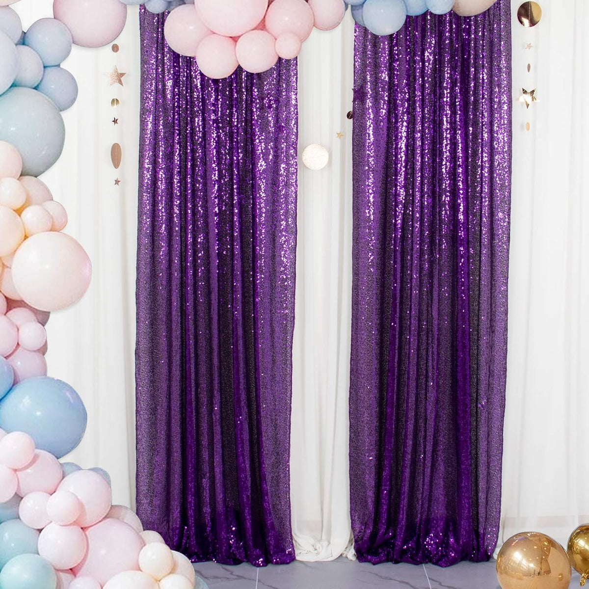 ShinyBeauty Sequin Curtains 2 Panels Purple 2FTx8FT Sequin Photo Backdrop Royal Purple Sequin