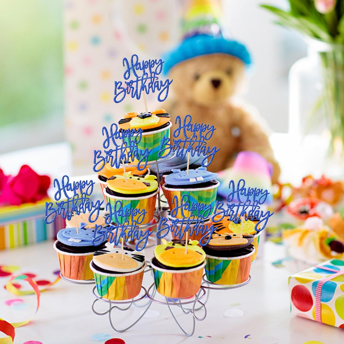 24 PCS Happy Birthday Cupcake Toppers Glitter Picks for Celebrating Anniversary Theme Party Cake
