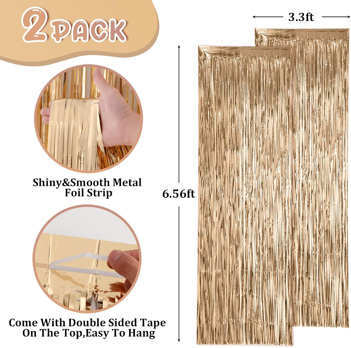 2 Pack Champagne Foil Fringe Backdrop Curtains, Tinsel Streamers Birthday Party Decorations, Fringe