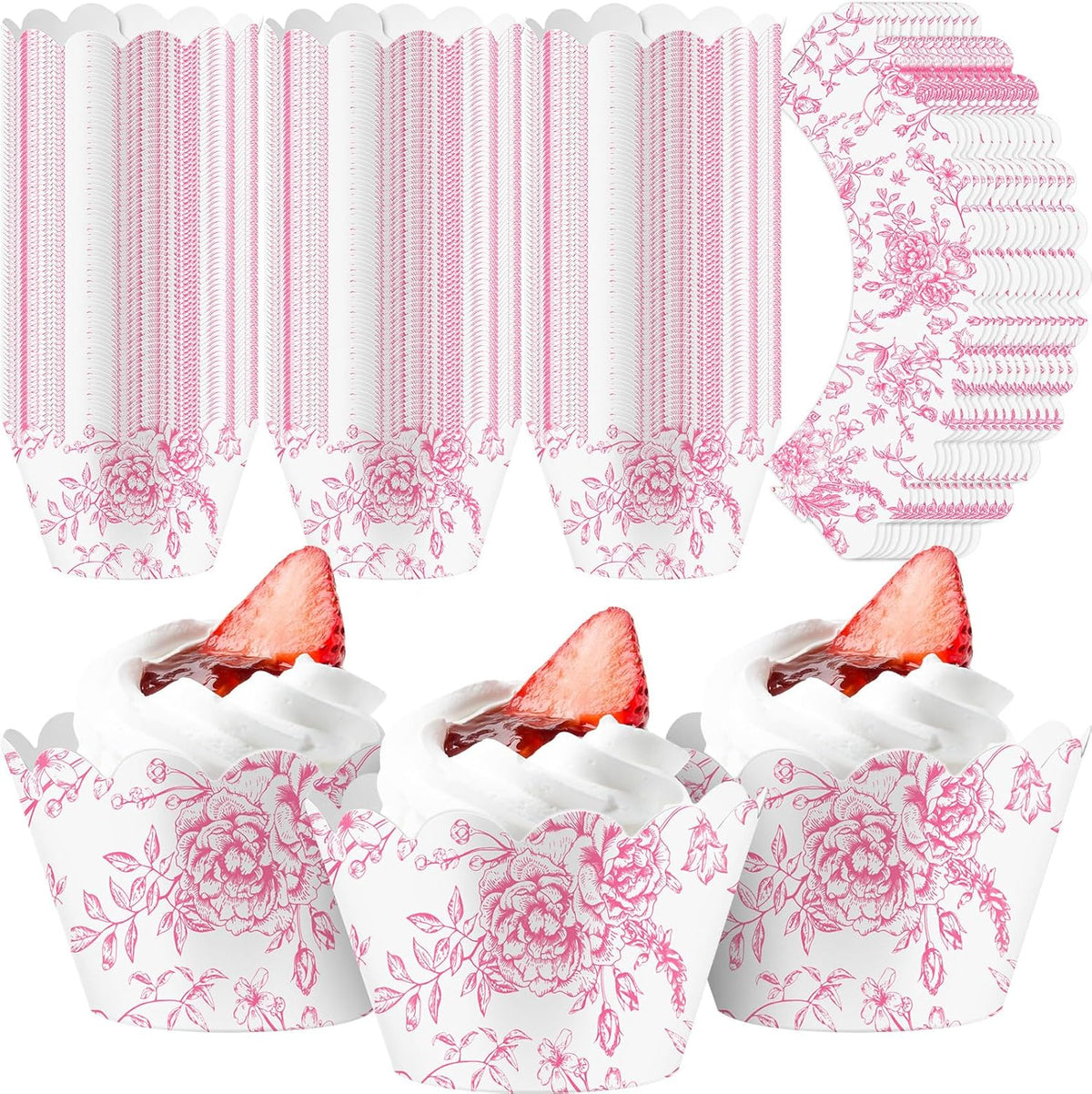 Domensi 100 Pcs Pink Floral Cupcake Wrappers Rustic Cupcake Liners Pink Baking Cups Flower Baking