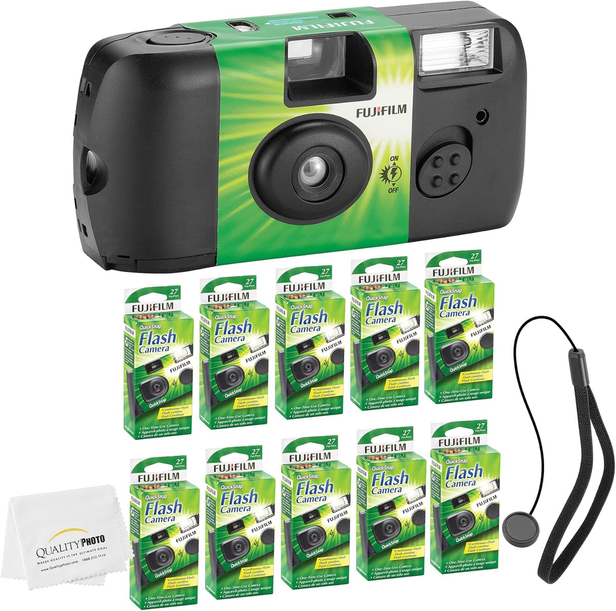 Fujifilm QuickSnap Flash 400 Disposable 35mm Camera + Hand Strap + Quality Photo Microfiber Cloth