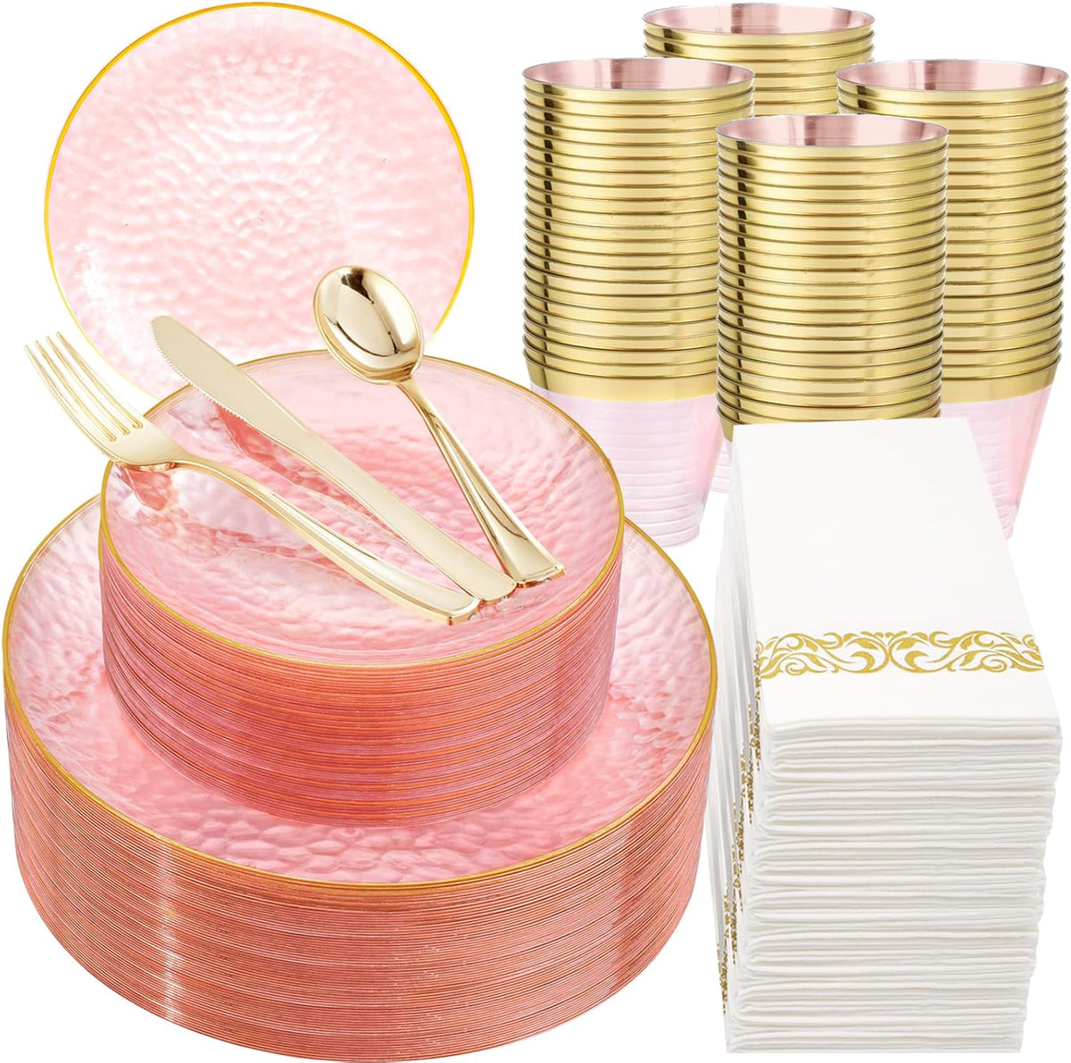 Rubtlamp 350 Pcs Clear Pink Plastic Plates, Pink Gold Plastic Dinnerware Set (50 Guests)